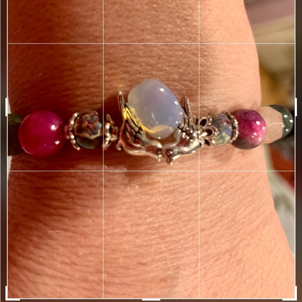 Handmade tourmaline and moonstone  bracelet, magenta, green, silver birds.